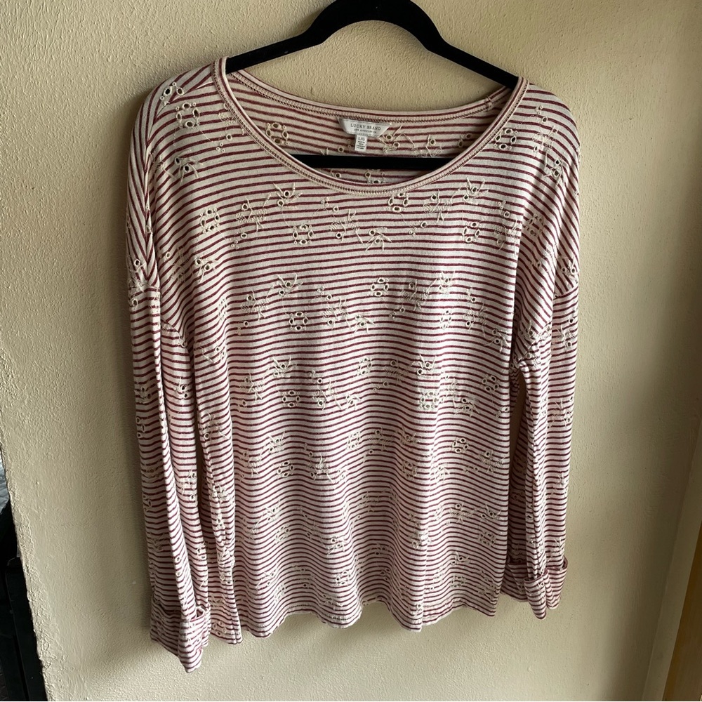 Lucky Brand Striped Red and White Cuffed Sleeve Tunic/ top. Eyelet Pattern. L